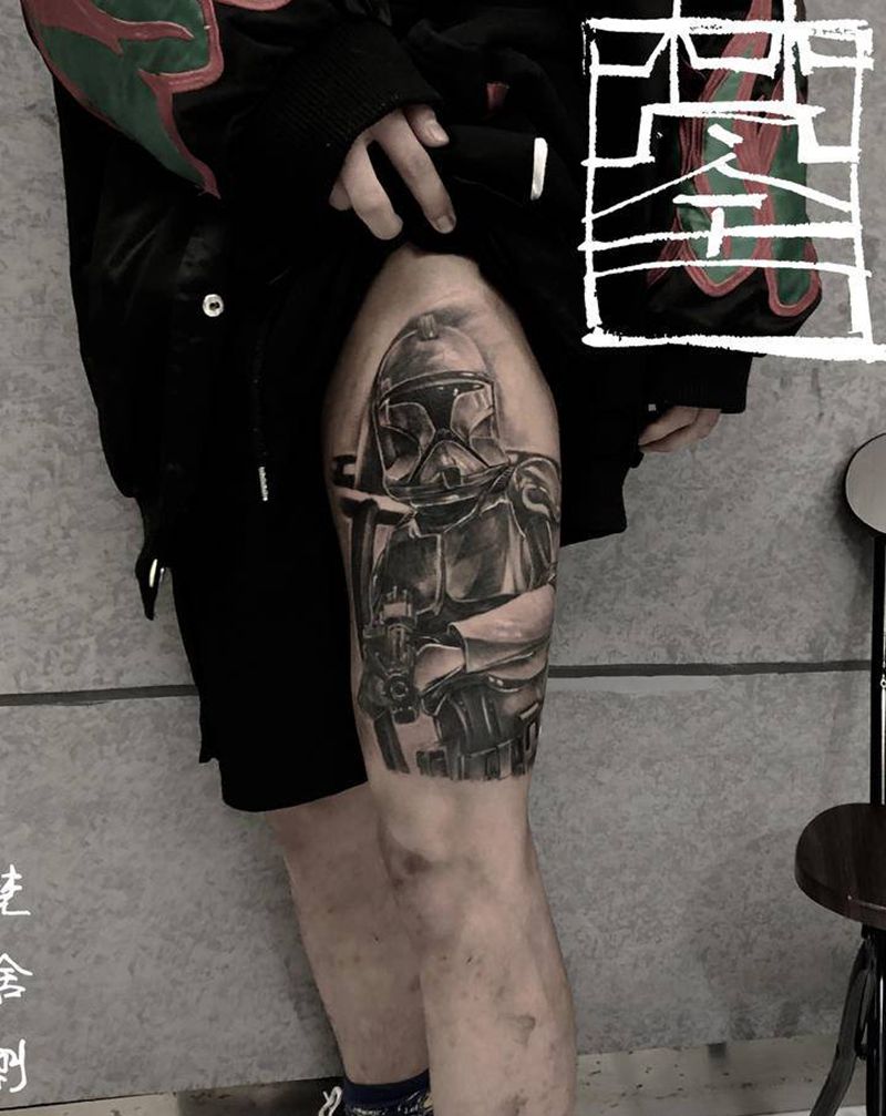 未来战士纹身图片_腿部欧美写实写实未来战士纹身图案