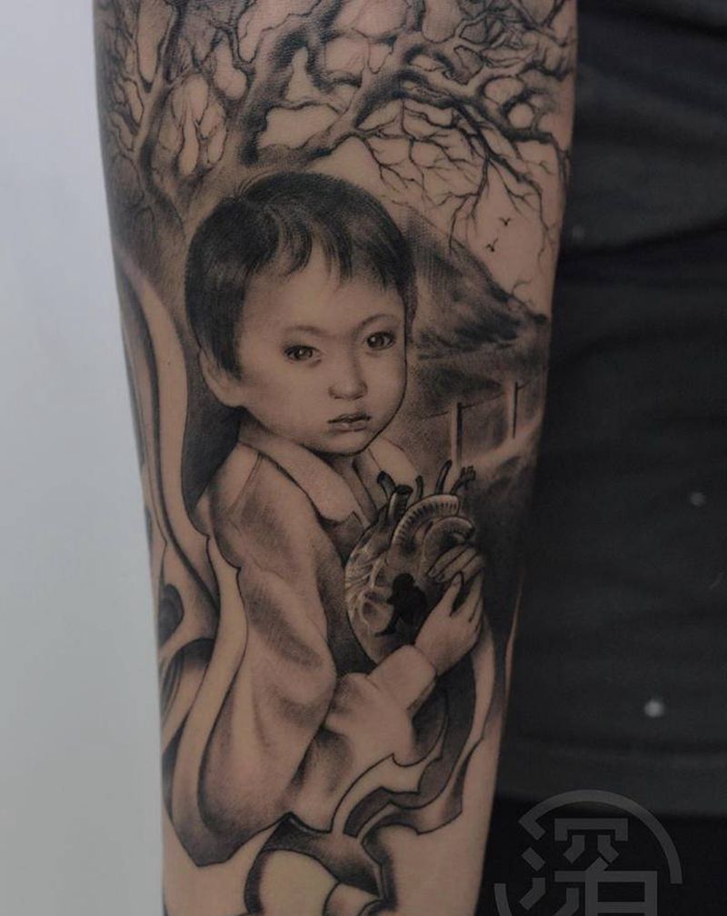 肖像拼接纹身图片_手臂手部欧美写实几何肖像纹身图案