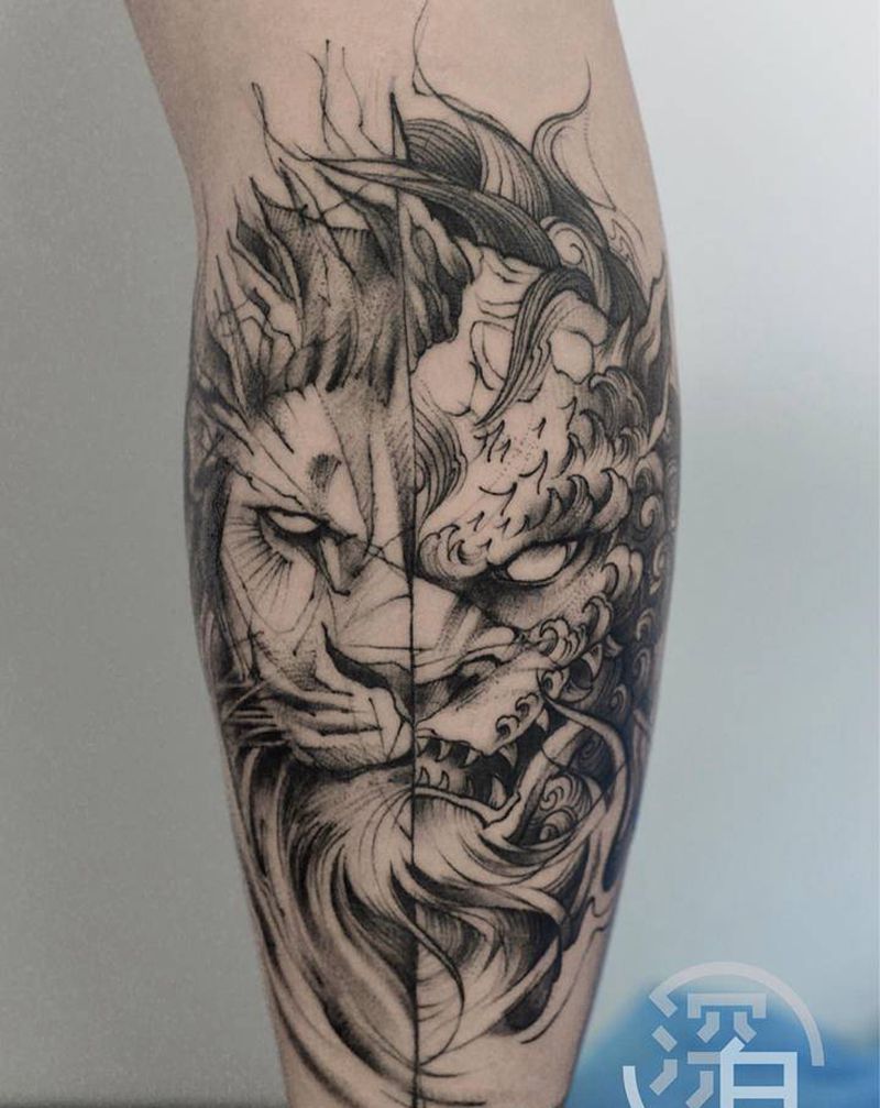 抽象狮子纹身图片_腿部点刺图腾狮子纹身图案