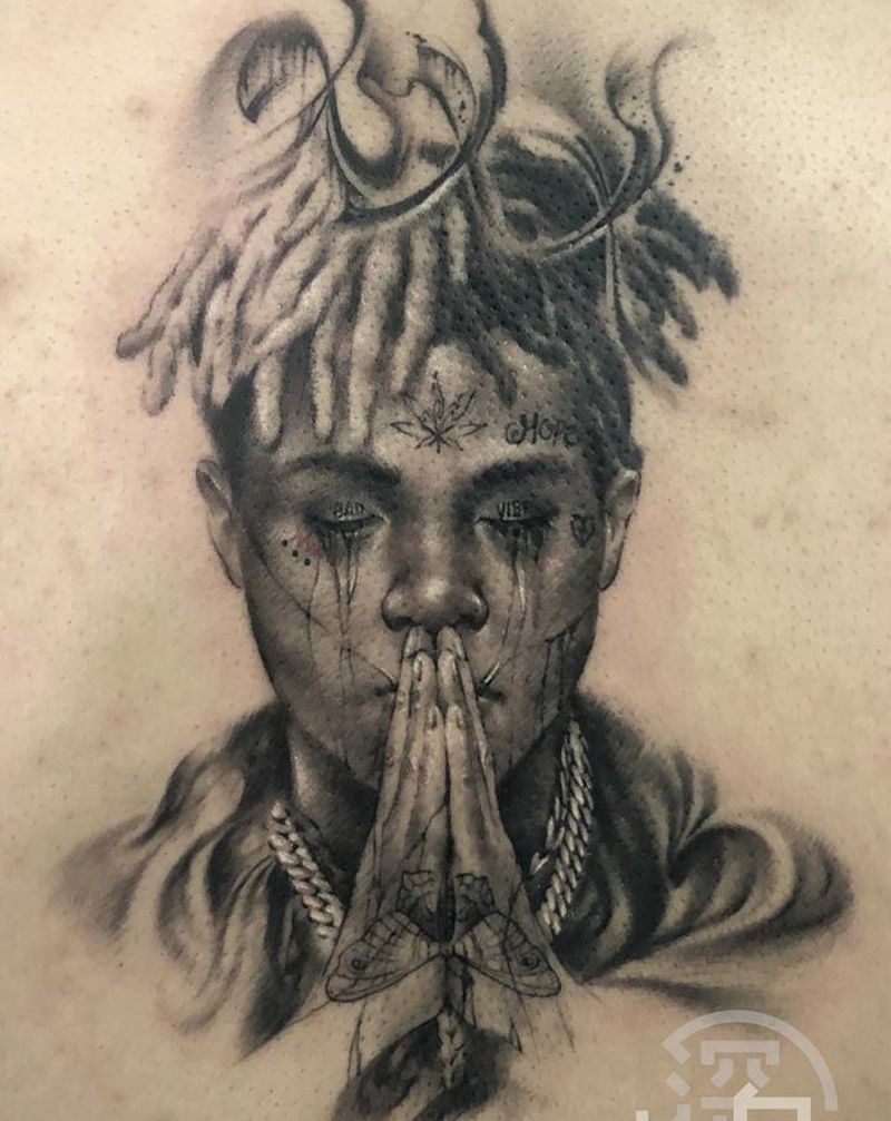XXXTentacion肖像纹身图片_背部欧美写实肖像纹身图案