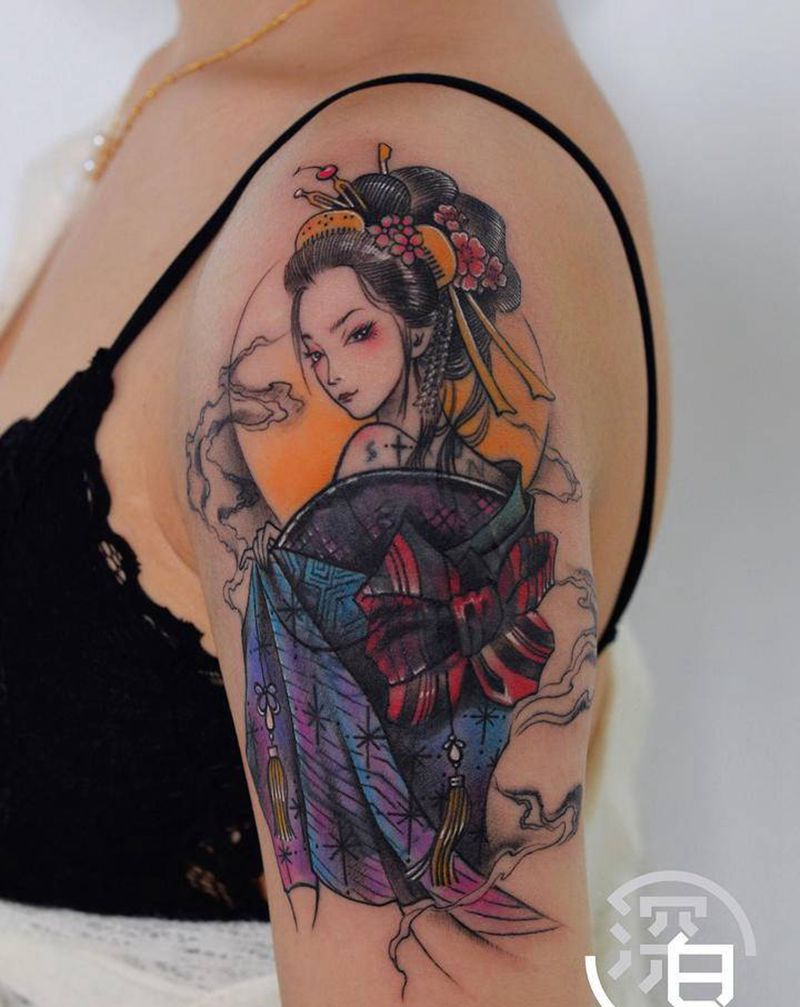 艺妓旧图遮盖纹身图片_手臂手部New School新传统艺妓纹身图案