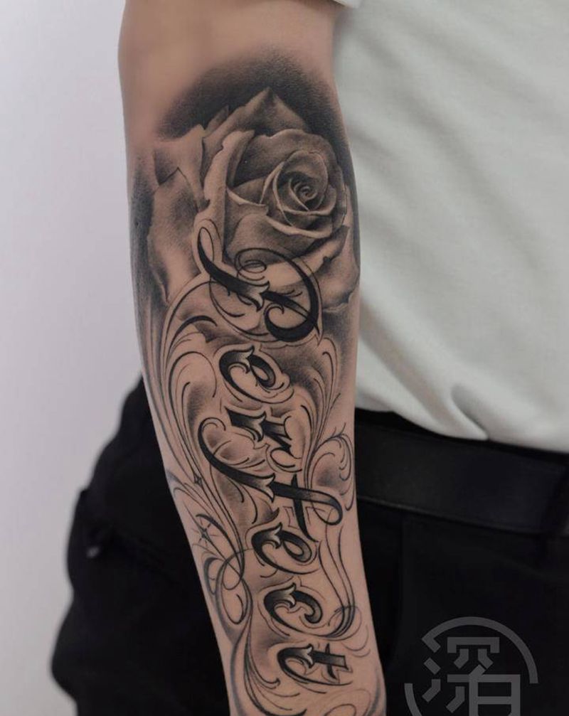花体字纹身纹身图片_手部手臂花体字玫瑰纹身图案