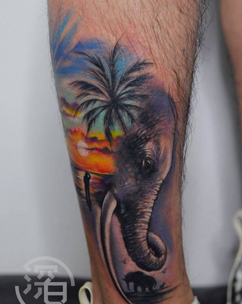 大象纹身纹身图片_脚部腿部欧美写实大象纹身图案