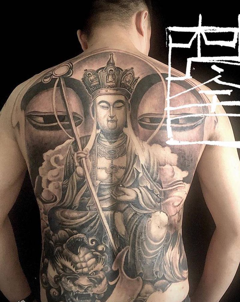 佛纹身图片_背部新传统菩萨佛纹身图案