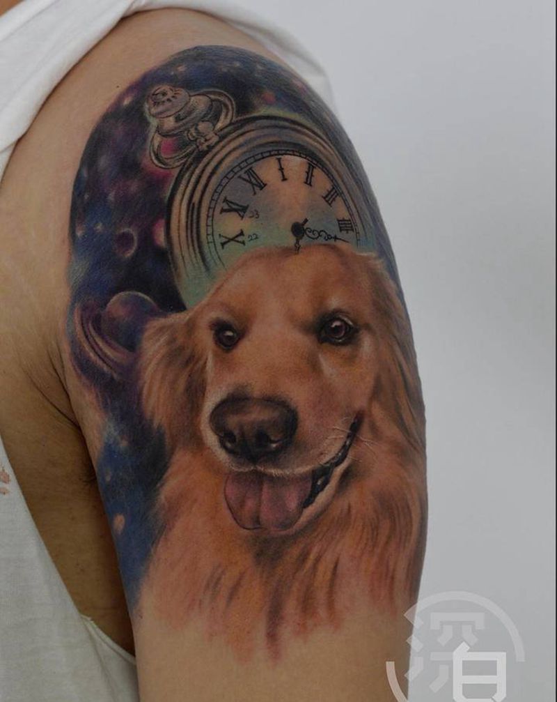 小狗肖像纹身纹身图片_手臂手部欧美写实狗纹身图案