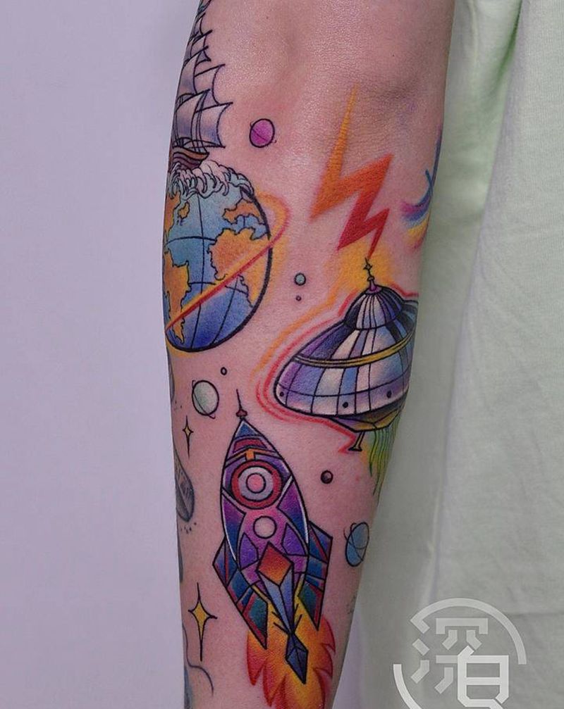 宇宙飞船纹身纹身图片_手臂手部New School飞碟火箭纹身图案