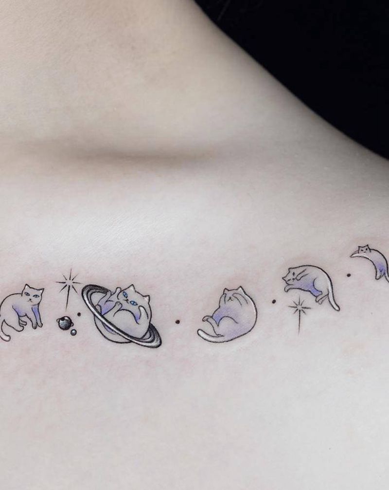 猫的演化纹身图片_肩部胸部New School猫纹身图案