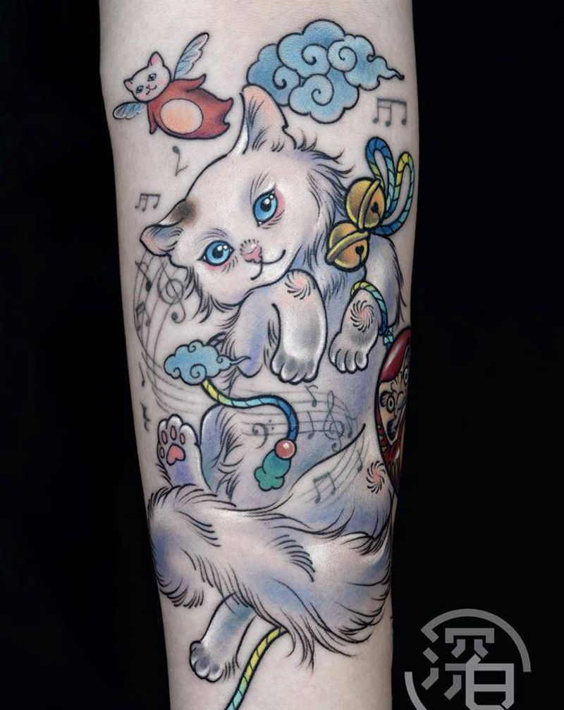 猫咪纹身纹身图片_手臂手部New School猫达摩纹身图案