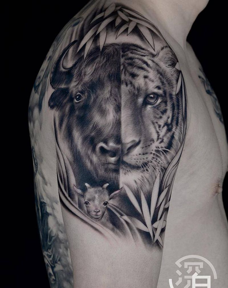 生肖纹身图片_手臂手部欧美写实老虎牛羊纹身图案