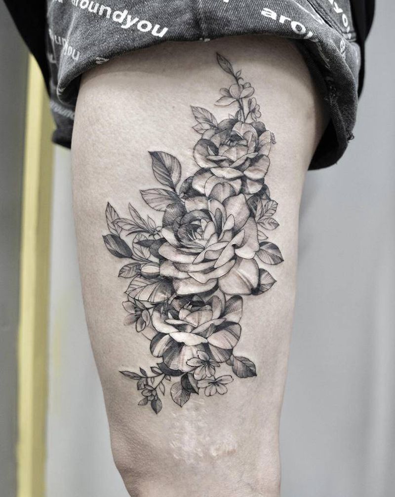 素花纹身图片_腿部欧美写实几何纹身图案