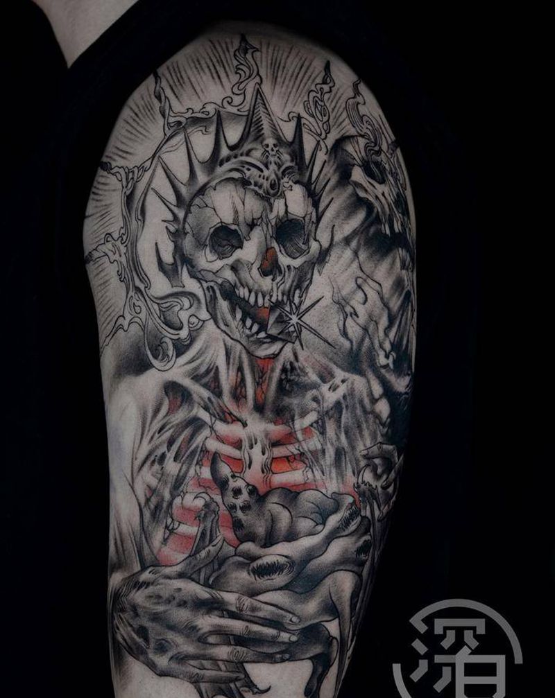 七宗罪整臂纹身图片_手臂手部欧美写实骷髅花纹身图案