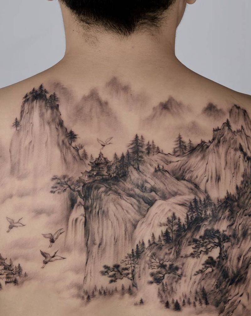 山水满背未完成纹身图片_背部新传统山水纹身图案