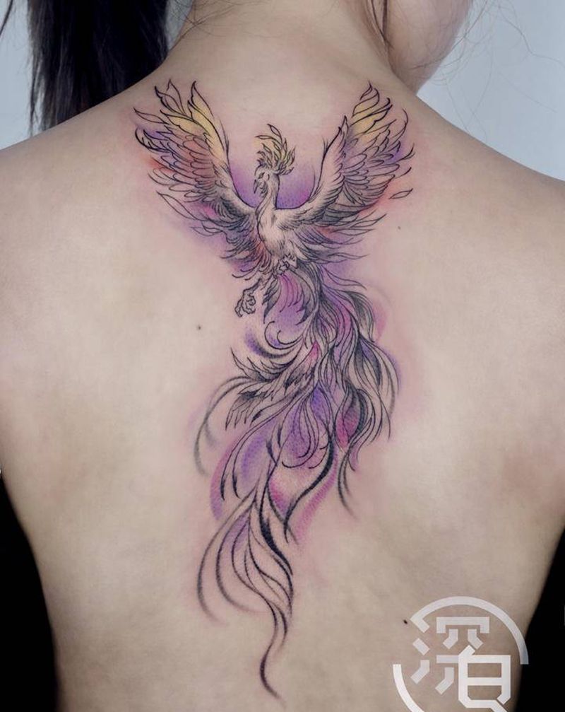 凤凰纹身图片_背部肩部水彩New School凤凰纹身图案