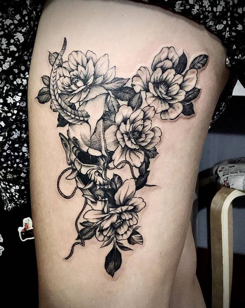 素花纹身图片_腿部点刺纹身图案