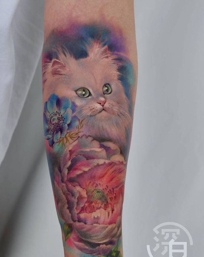 猫咪纹身图片_手臂手部欧美写实猫纹身图案
