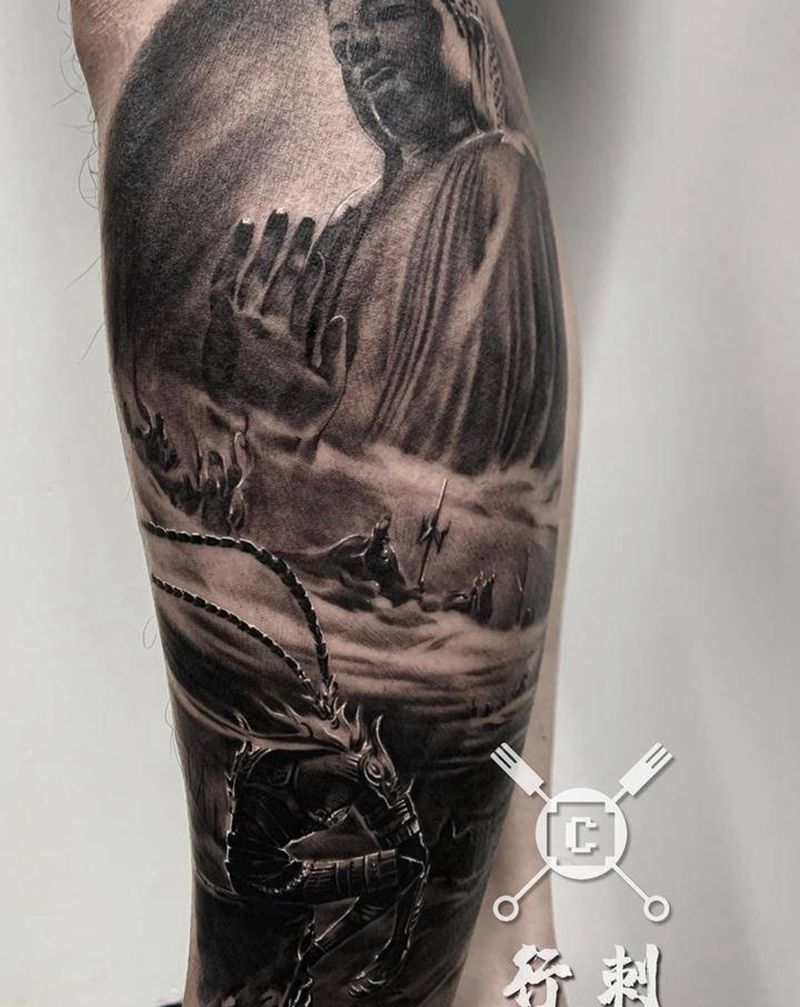 齐天大圣纹身图片_腿部欧美写实纹身图案
