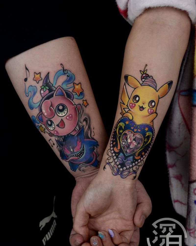 皮卡丘和胖丁纹身图片_手臂手部New School皮卡丘胖丁卡通纹身图案