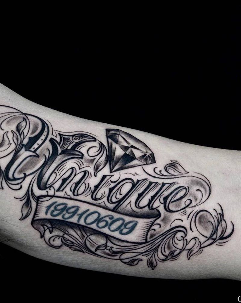 花体字纹身图片_手部手臂花体字花体字钻石纹身图案