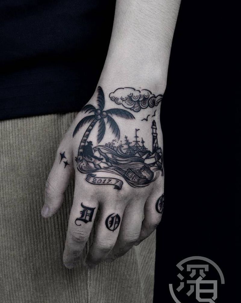 小图纹身图片_手臂手部花体字New School海绵宝宝花体字纹身图案