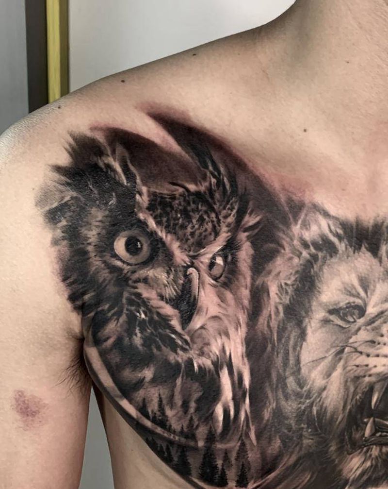 猫头鹰纹身图片_胸部欧美写实纹身图案