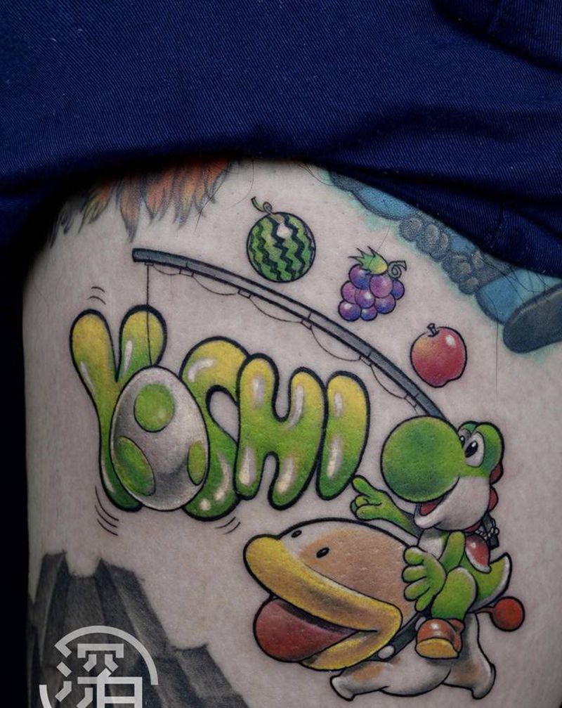 Yoshi和小狗纹身图片_腿部New School超级玛丽纹身图案