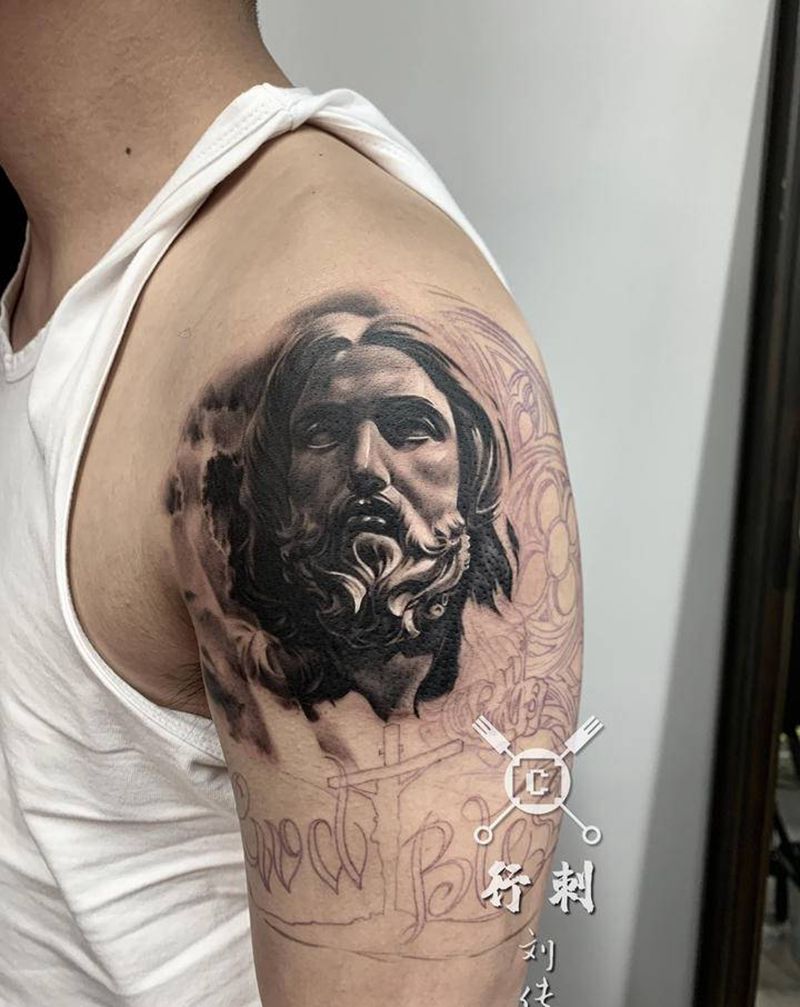 耶酥 未完成纹身图片_手臂欧美写实纹身图案