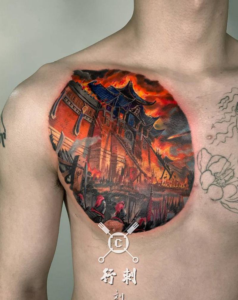 战火纹身图片_胸部欧美写实纹身图案