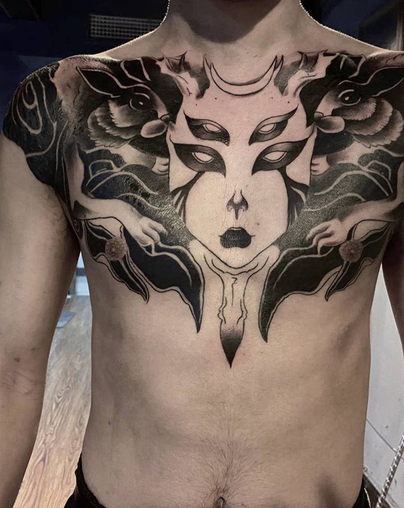 暗黑花胸纹身图片_胸部老传统图腾纹身图案