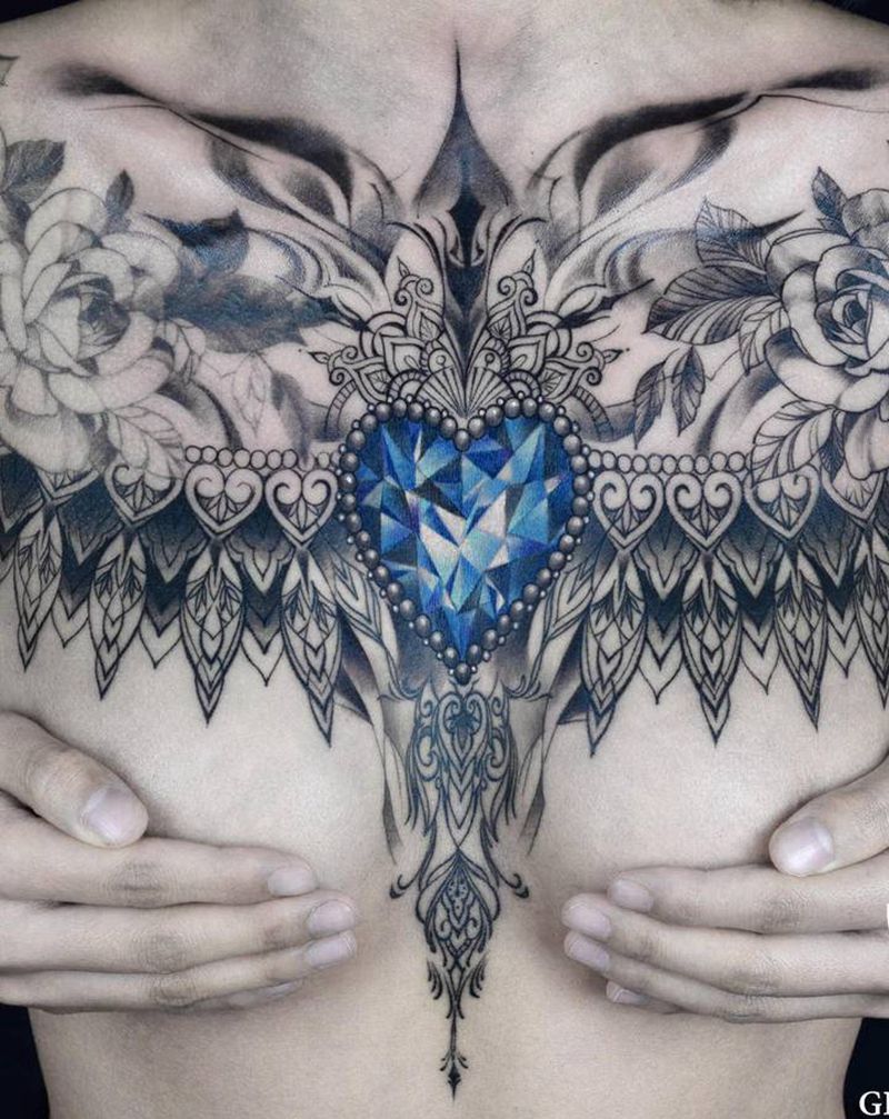 宝石花胸纹身图片_肩部胸部欧美写实图腾宝石纹身图案