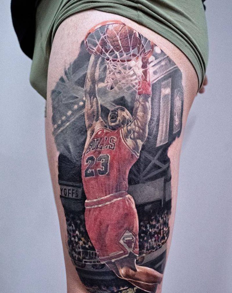 高光时刻乔丹纹身图片_腿部欧美写实纹身图案