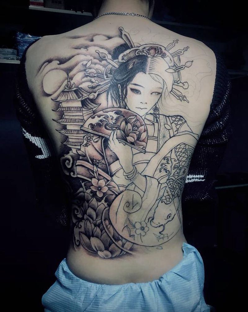 新传统艺伎纹身图片_新传统纹身图案