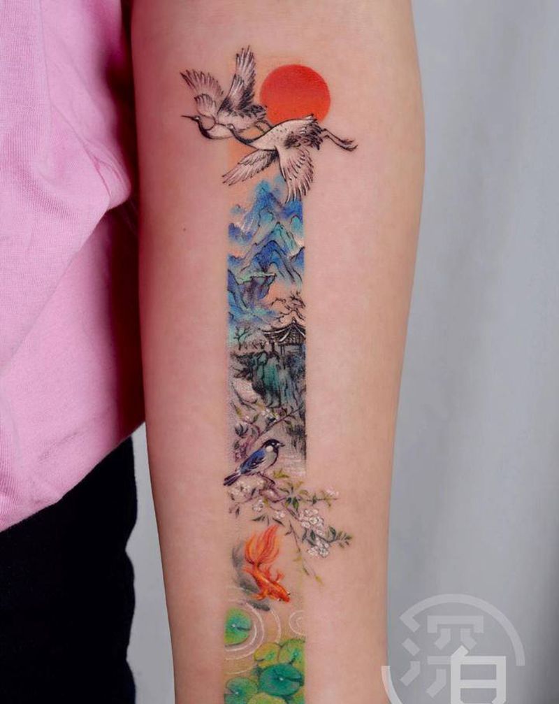 山水小品纹身图片_手臂手部水彩水墨水墨山水纹身图案