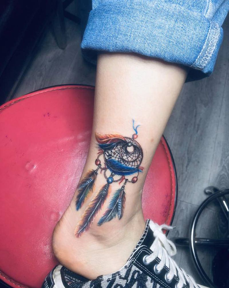 捕梦网。遮盖纹身图片_脚部捕梦网纹身图案