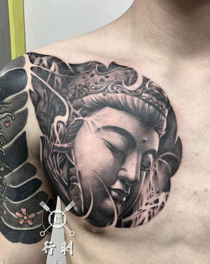 观音纹身图片_胸部欧美写实纹身图案