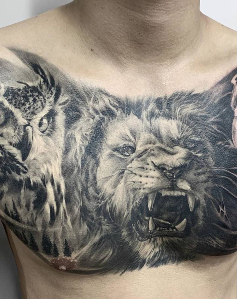 花胸纹身图片_胸部欧美写实纹身图案