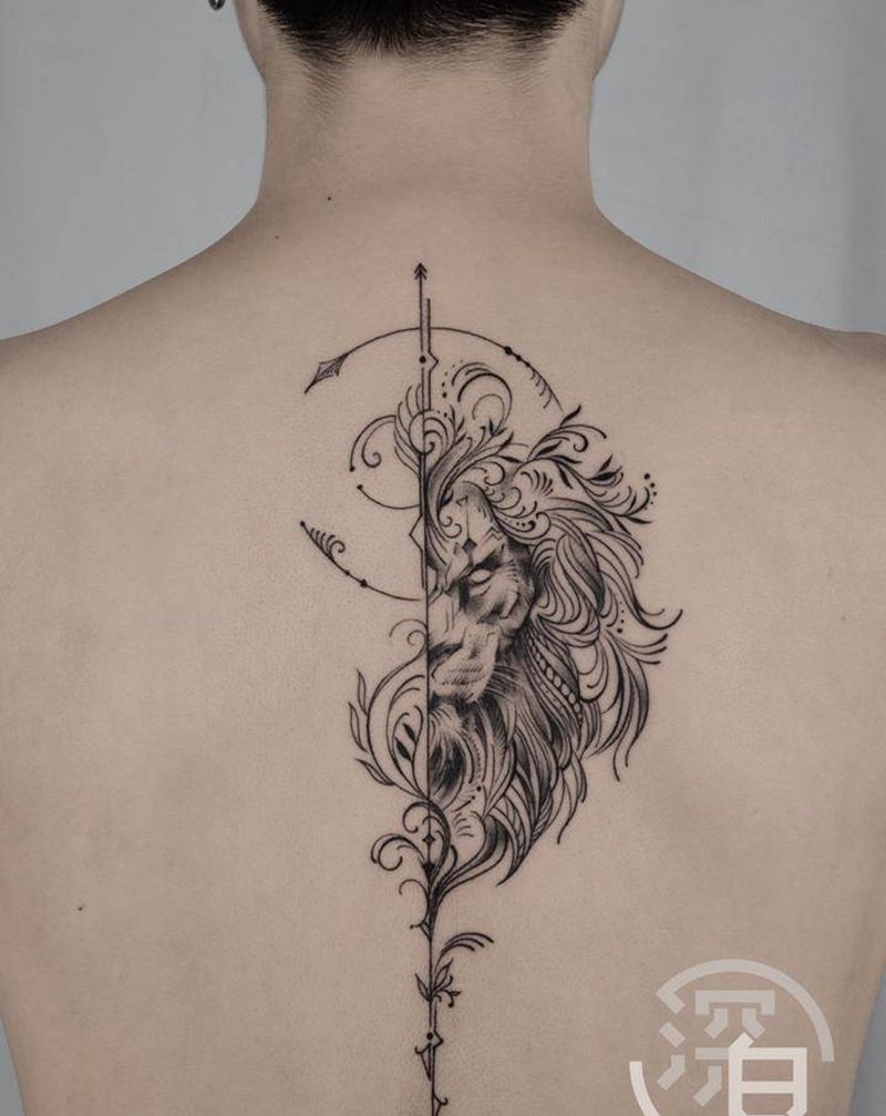 抽象派狮子纹身图片_背部欧美写实几何狮子纹身图案