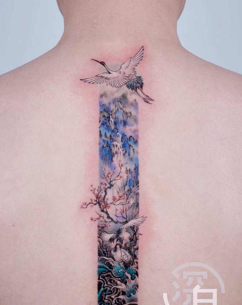 国画山水小品纹身图片_背部颈部水彩水墨山水纹身图案