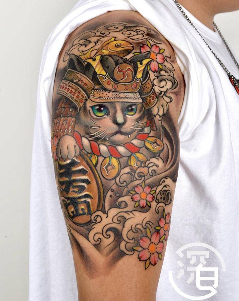 招财猫纹身图片_手臂手部老传统猫武士纹身图案