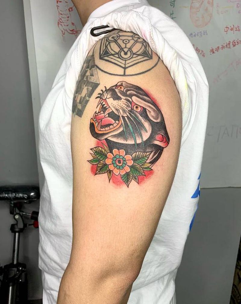 昨日school黑豹纹身图片_手臂Old School黑豹纹身图案