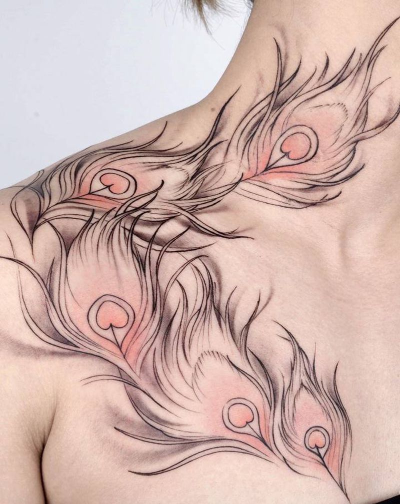 凤羽纹身图片_颈部肩部欧美写实New School羽毛纹身图案