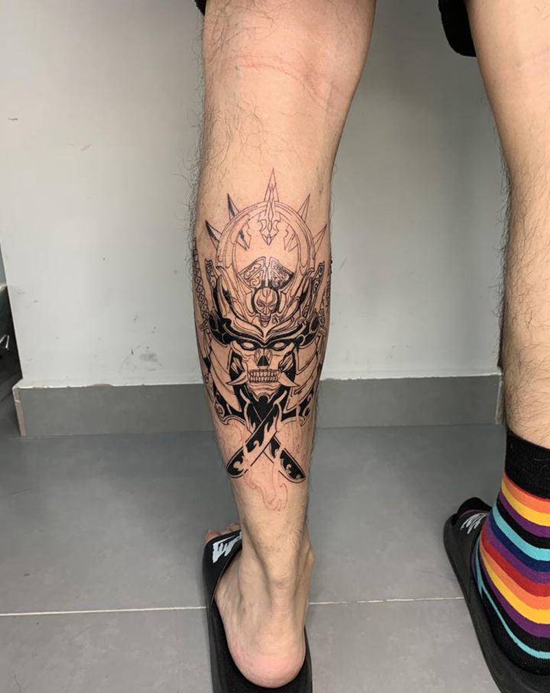 大腿武士纹身图片_腿部图腾武士纹身图案