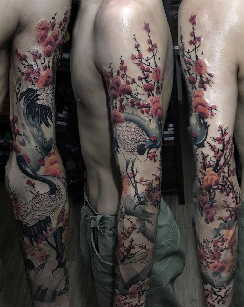 梅妻鹤子纹身图片_手部手臂水墨新传统纹身图案