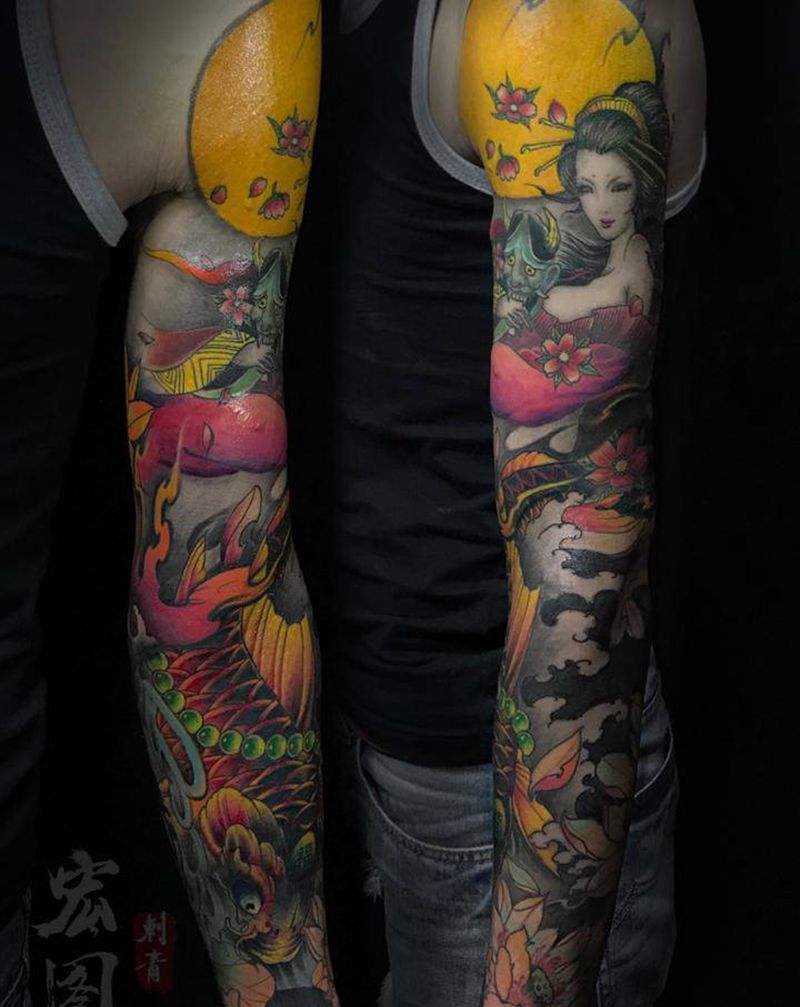 花臂纹身图片_成品手臂手部传统习俗国画动物人物纹身图案