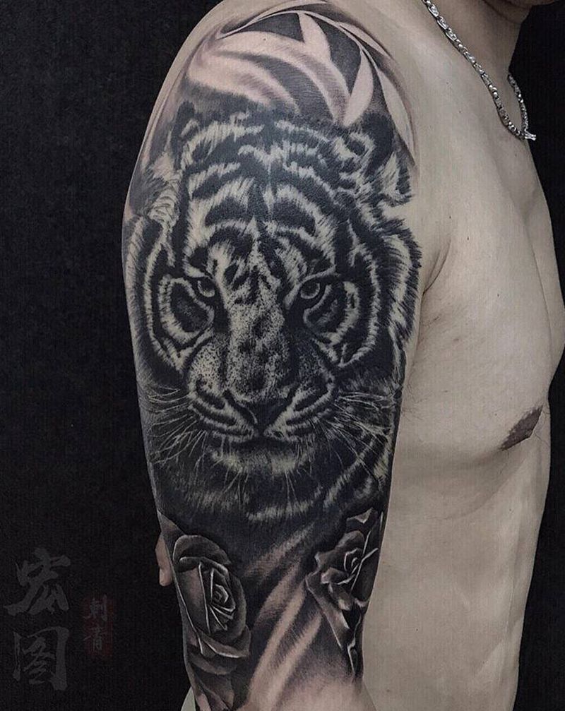 虎纹身图片_手臂欧美写实纹身图案