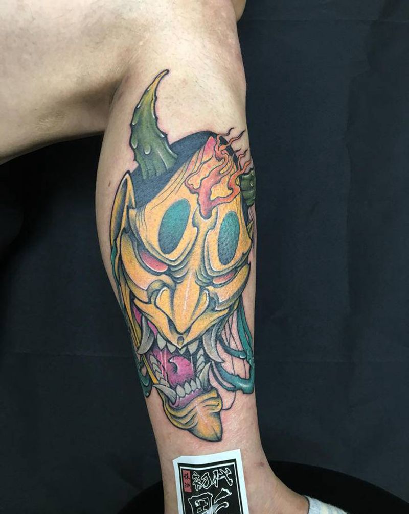 般若纹身图片_腿部新传统New School纹身图案