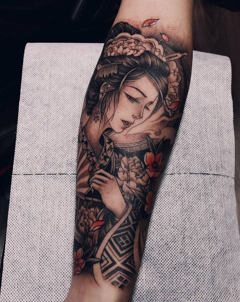 艺妓纹身图片_手臂新传统纹身图案