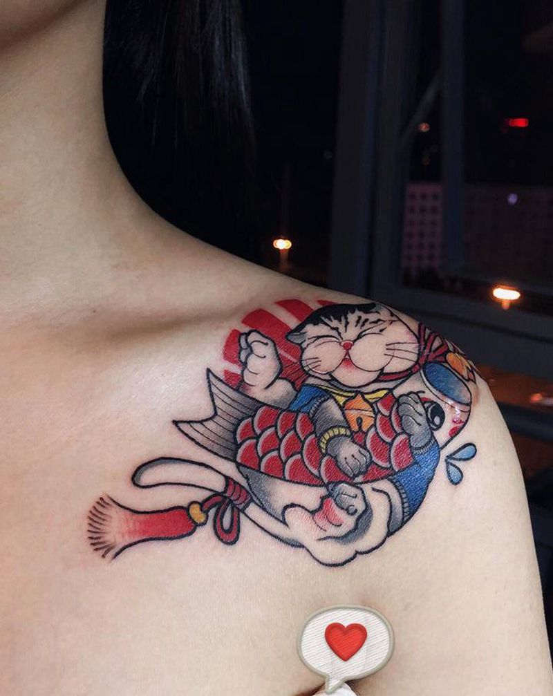 疤痕遮盖纹身图片_肩部New School纹身图案