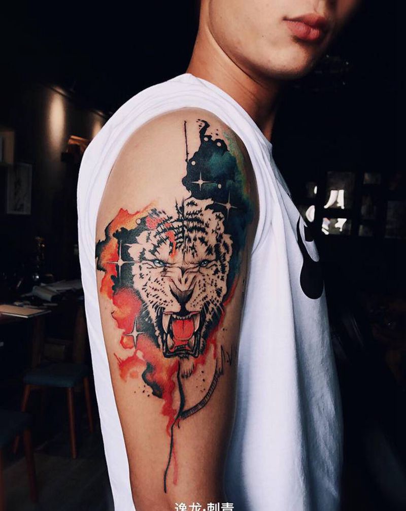 老虎纹身图片_手臂水彩纹身图案