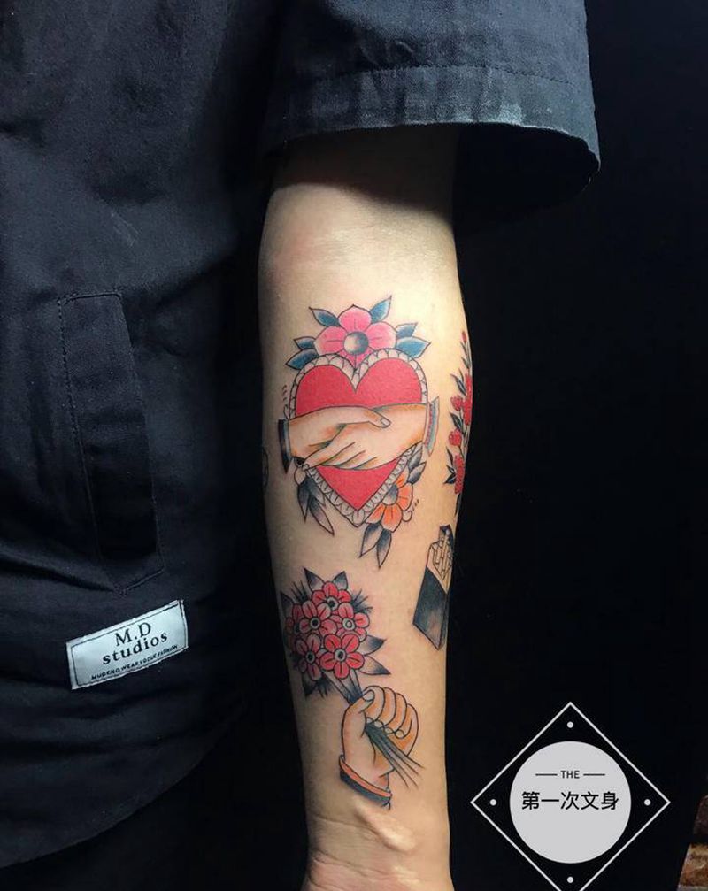 花臂拼接纹身图片_手臂Old School纹身图案