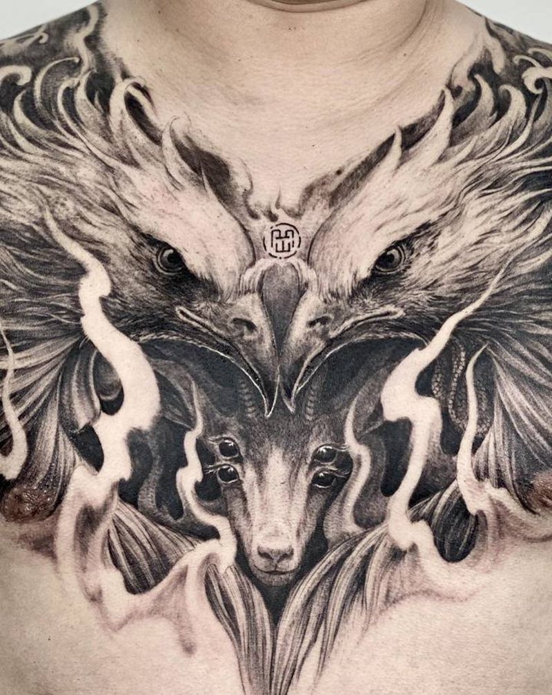 《凤凰于飞》纹身图片_胸部新传统欧美写实凤凰纹身图案